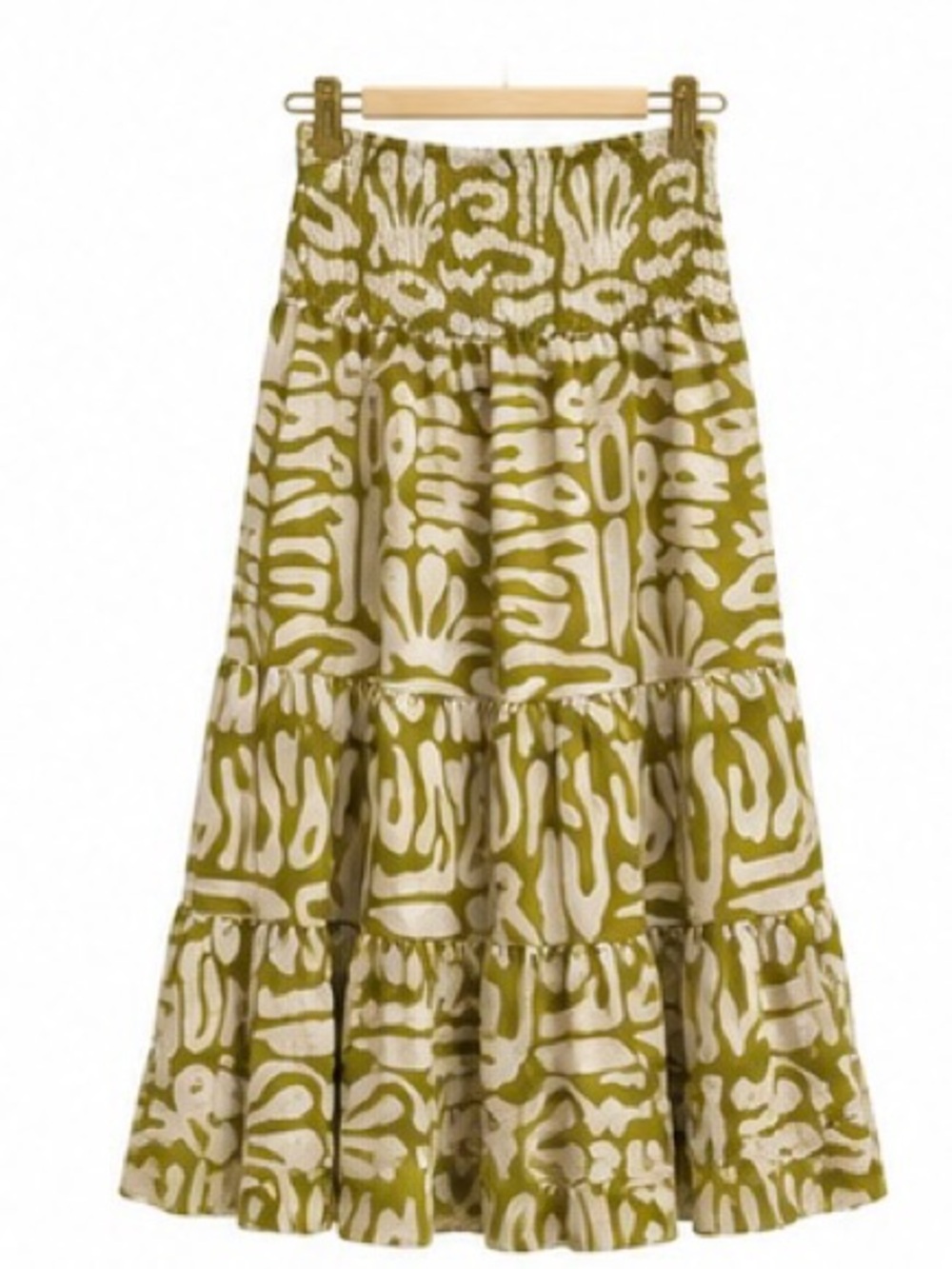 Olive Green Patterned Tiered Maxi Skirt
